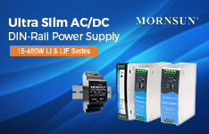 MORNSUN 30-480W ultra-slim ACDC DIN-Rail power supplies are ideal for limited space applications