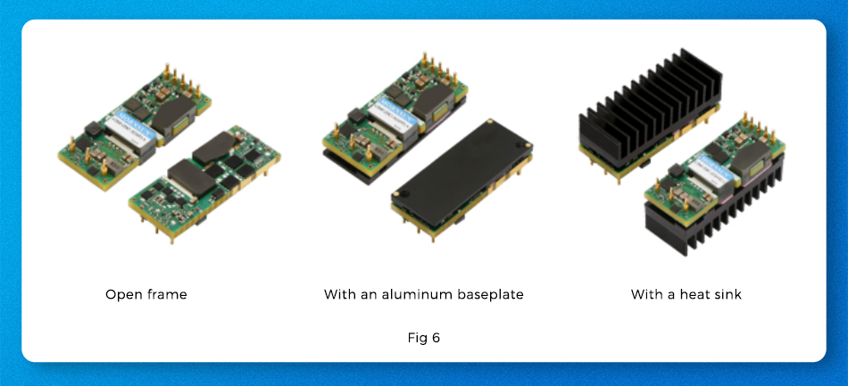 3 packages of telecom power supplies: open frame, with an aluminum baseplate, and with a heat sink